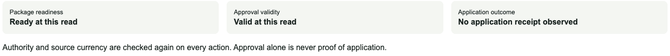Cropped status panel from a fictional opening test: package ready, approval valid, and no application receipt observed. The panel states that approval alone is never proof of application.