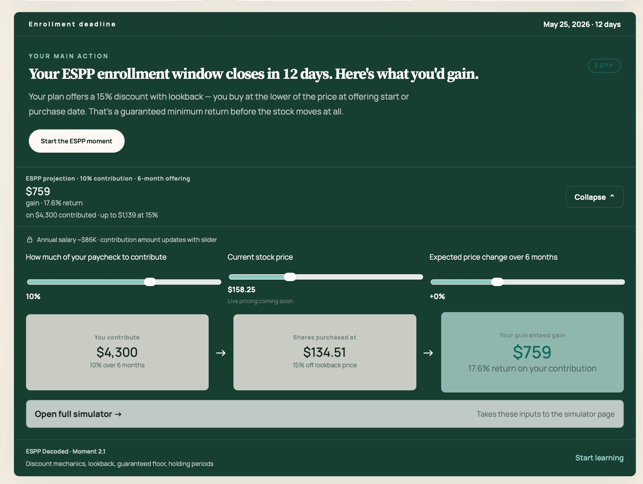 Equity Clarity ESPP enrollment simulator showing contribution, stock price, price change controls, projected shares purchased, and guaranteed gain before opening the full simulator.