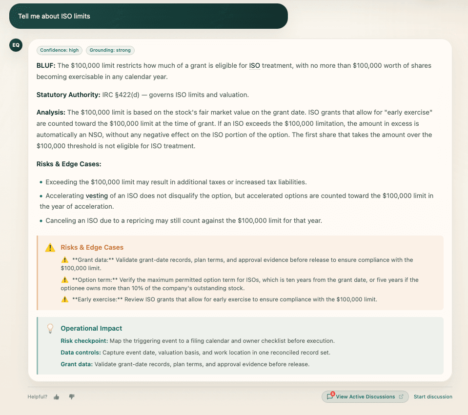 Equity Intelligence chat response explaining ISO limits with statutory authority, analysis, risk edge cases, and operational impact.