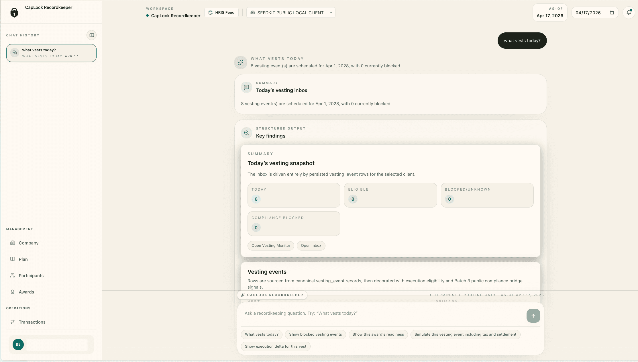 CapLock Recordkeeper landing page showing the AI operating interface, vesting inbox, key findings, and vesting events.